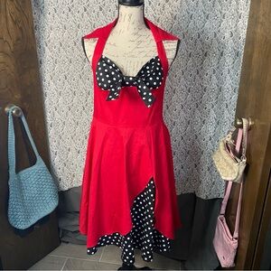 Ibtom castle red and black polka dot pinup rockabilly halter style dress